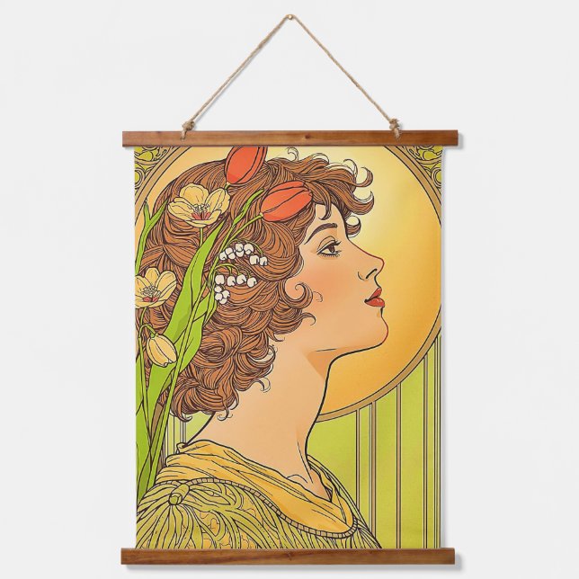 Tapiz Con Marco De Madera Musa Art-nouveau con flores de primavera (Anverso)
