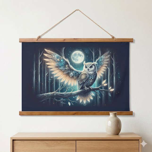 Tapiz Con Marco De Madera Mystical Moon Owl Celestial Forest Glow (Mystical Moon Owl Celestial Forest Glow Hanging Tapestry)