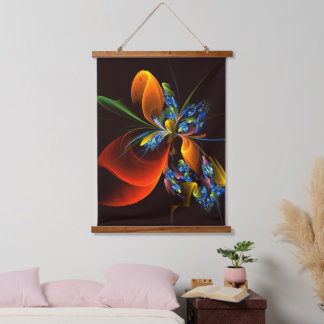 Tapiz Con Marco De Madera Naranja azul Floral Moderno Resumen Patrón de arte