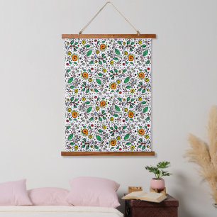 Tapiz Con Marco De Madera Naranja de patrones de flores Swirl Berry en blanc