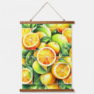 Tapiz Con Marco De Madera Naranja Limón Botánico Cítrico Geométrico