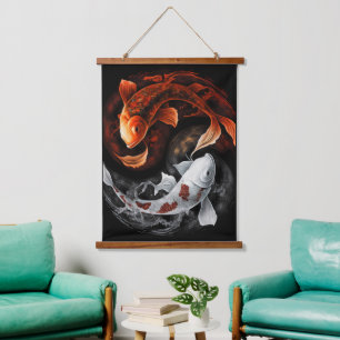 Tapiz Con Marco De Madera Naranja Y Blanco Afortunado Koi Pescado Arte Japon