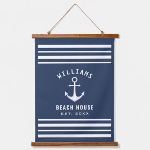 Tapiz Con Marco De Madera Nautical Family Name Beach House Navy Blue White