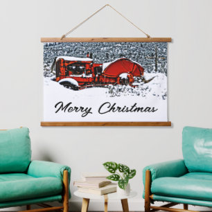 Tapiz Con Marco De Madera Navidad con Tractor Nevado