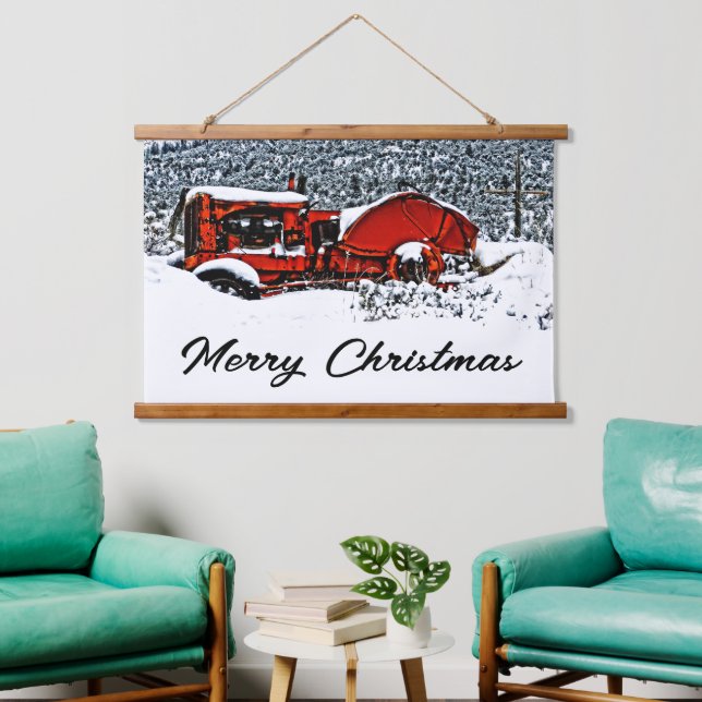 Tapiz Con Marco De Madera Navidad con Tractor Nevado (Sala de estar)