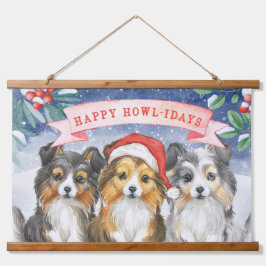 Tapiz Con Marco De Madera Navidades de acuarela Sheltie Felices Howlidays