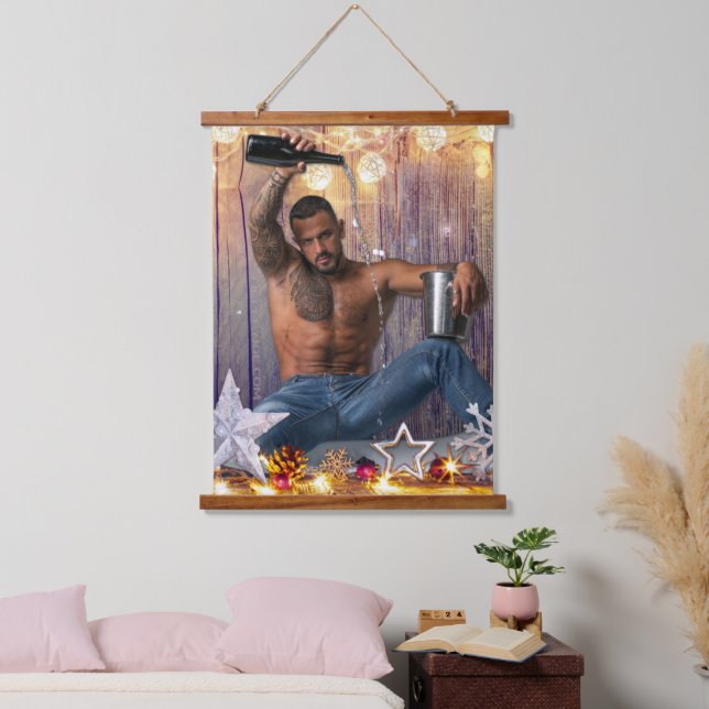 Tapiz Con Marco De Madera Navidades SlipperyJoe estrellas doradas luces moja (Dormitorio)