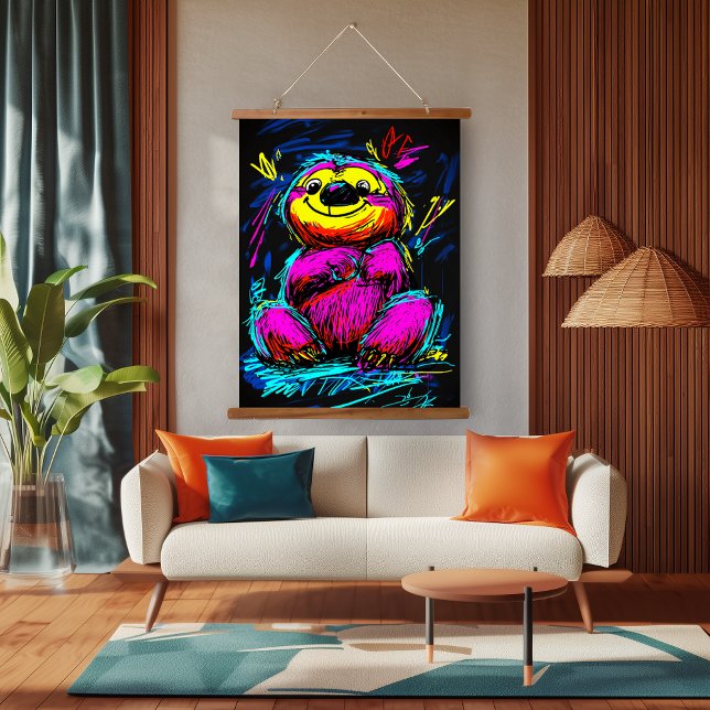 Tapiz Con Marco De Madera Neon Pop Art Sloth: Arte divertido y vibrante (Subido por el creador)