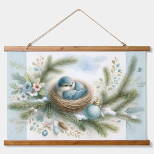 Tapiz Con Marco De Madera Nido de pájaro azul con adornos en pinos de invier