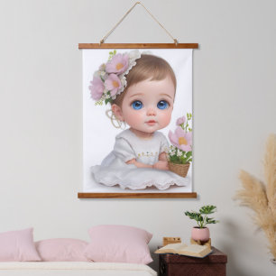 Tapiz Con Marco De Madera Niña pequeña con ojos azules y flores en Hai