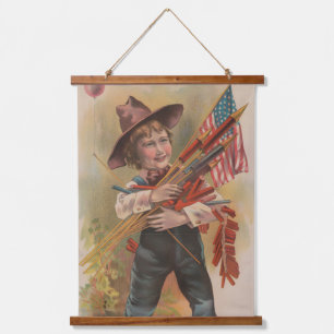 Tapiz Con Marco De Madera Niño con Fuegos Artificiales, Bandera Americana, I