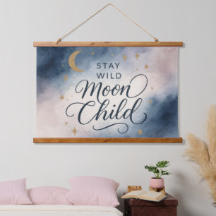 Tapiz Con Marco De Madera Niño Luna Salvaje Celestial Espiritual Hippie