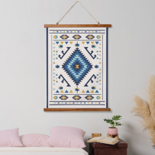 Tapiz Con Marco De Madera Nómada Horizonte Azul – Diamante Tribal Minimalist