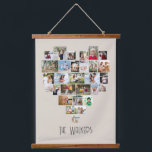 Tapiz Con Marco De Madera Nombre de la familia Collage de fotos con forma de<br><div class="desc">Pantalla de fotos personalizado en una gran pared colgada, personalizada con el nombre de su familia. La plantilla de fotos muestra las imágenes en un collage de fotos en forma de corazón que contiene 29 imágenes. Sus fotos se muestran en una combinación de formatos cuadrados, paisajísticos y retratos y, si...</div>