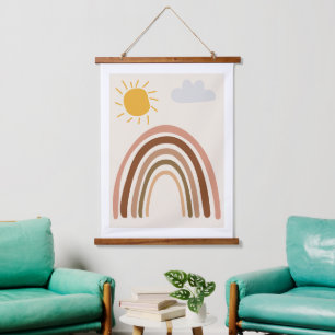 Tapiz Con Marco De Madera Nube de Sol Arcoíris, Dibujo de Niños, Arte Abstra
