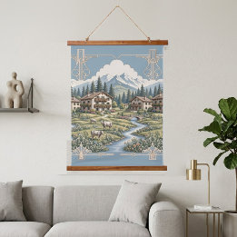 Tapiz Con Marco De Madera Nubes Alpinas Nevadas Pinos Pradera Campestre Azul