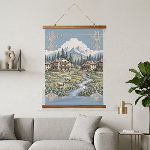 Tapiz Con Marco De Madera Nubes Alpinas Nevadas Pinos Pradera Campestre Azul