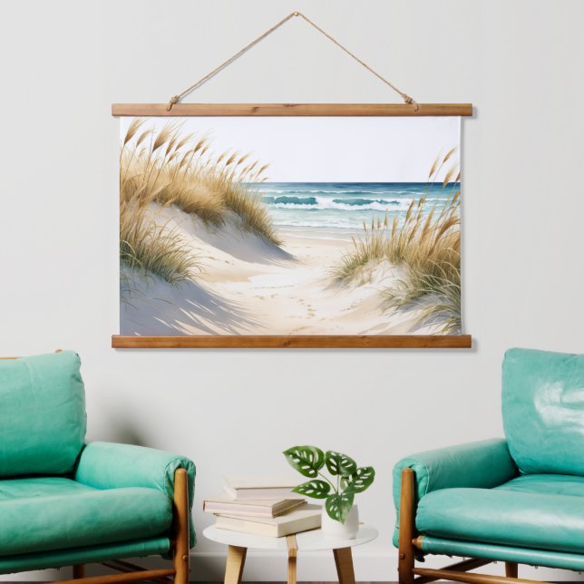 Tapiz Con Marco De Madera Ocean Beach Sand Dunes Grasses Pathway Beach Art (Sala de estar)