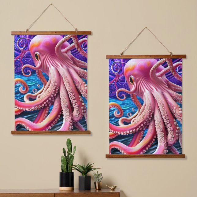 Tapiz Con Marco De Madera Octopus rosado (Asimétrico)