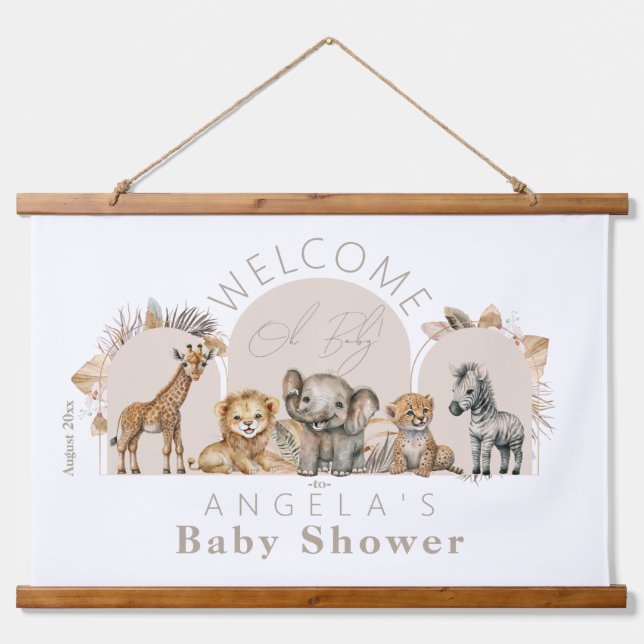 Tapiz Con Marco De Madera Oh Baby Safari Animals Bienvenida del Boho Baby Sh (Anverso )