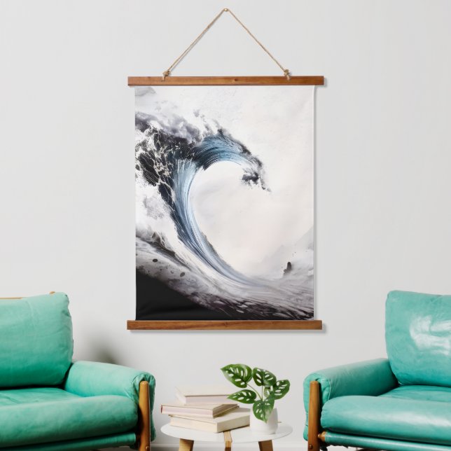 Tapiz Con Marco De Madera Ola oceánica azul entrelazada (Sala de estar)