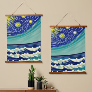 Tapiz Con Marco De Madera Olas azules y blancas: Estrellas lunares