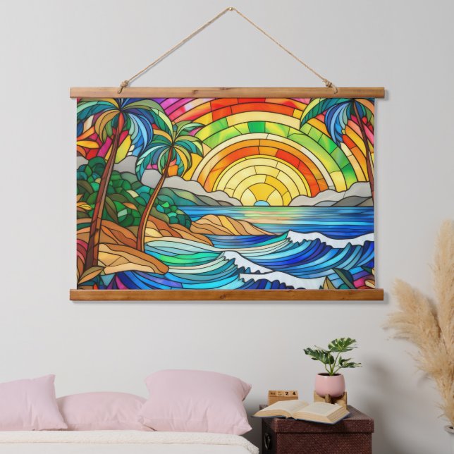 Tapiz Con Marco De Madera olas de playa y palmeras (Dormitorio)
