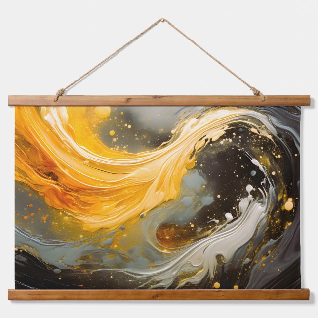 Tapiz Con Marco De Madera Olas modernas de mármol abstracto dorado (Anverso )