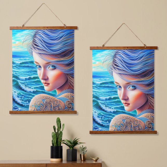 Tapiz Con Marco De Madera Olas oceánicas de Chica azul Fantasía Material art (Asimétrico)