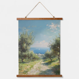 Tapiz Con Marco De Madera Olive Grove with Coastal Village and Sea