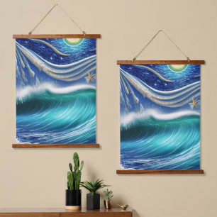 Tapiz Con Marco De Madera Ondas azules brillantes de la luna