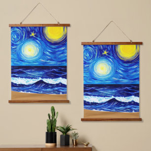 Tapiz Con Marco De Madera Ondas de playa Starry Moon