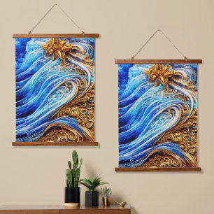 Tapiz Con Marco De Madera Ondas oceánicas azules modernas