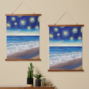 Tapiz Con Marco De Madera Ondas Starry Blue Beach