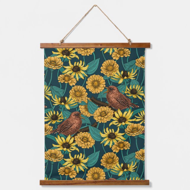 Tapiz Con Marco De Madera Ondas y flores en azul oscuro (Anverso)