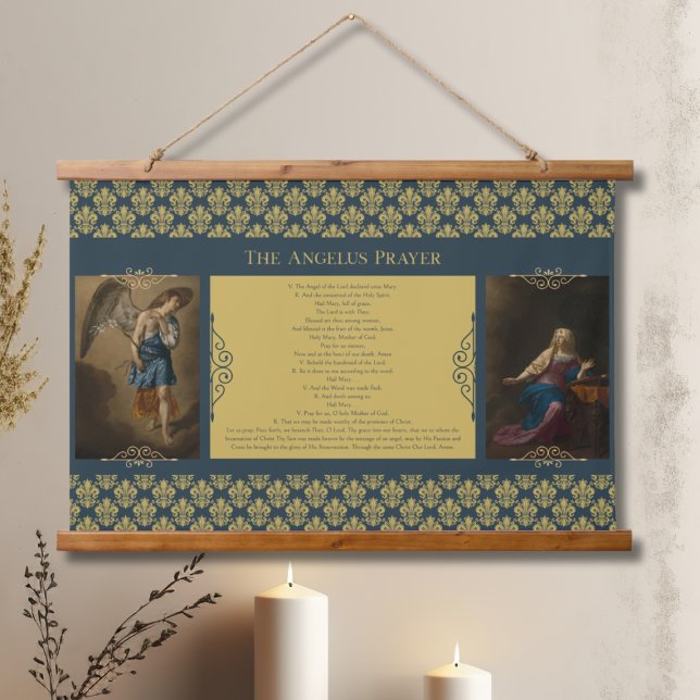 Tapiz Con Marco De Madera Oración de Angelus con Angel Gabriel y Mary (The Angelus Prayer tapestry ready to hang for everyday prayer.)