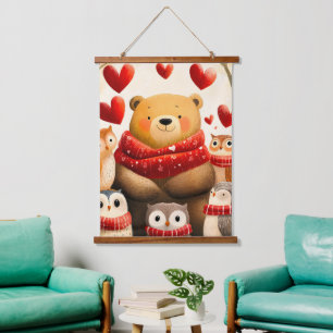 Tapiz Con Marco De Madera Oso de bosque acogedor familia de búhos amor de in