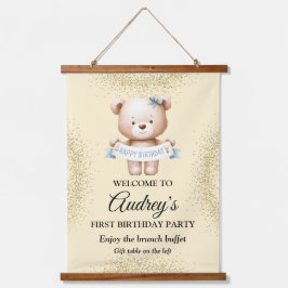 Tapiz Con Marco De Madera Oso de peluche lindo con Feliz Cumpleaños