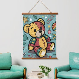 Tapiz Con Marco De Madera Oso de peluche navideño de patchwork caprichoso