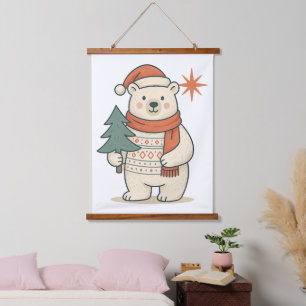 Tapiz Con Marco De Madera Oso Polar de Navidad Escandinavo Invernal Adorable