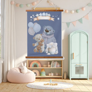 Tapiz Con Marco De Madera osos lindos y conejito de peluche con globos