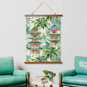Tapiz Con Marco De Madera Pagoda asiática acuarela en paisaje verde (11)