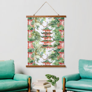 Tapiz Con Marco De Madera Pagoda asiática acuarela en paisaje verde (9)