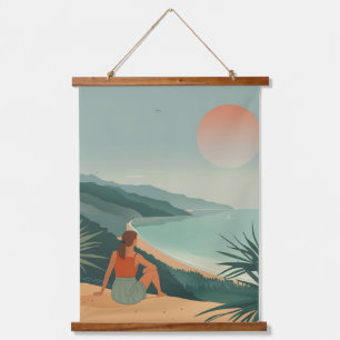 Tapiz Con Marco De Madera Paisaje boho terracota sabio costero bahía puesta