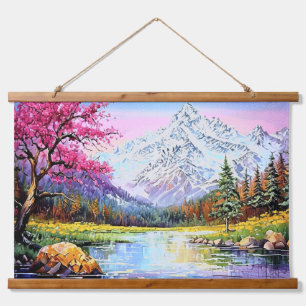 Tapiz Con Marco De Madera Paisaje con montañas de ríos y cubiertas de nieve
