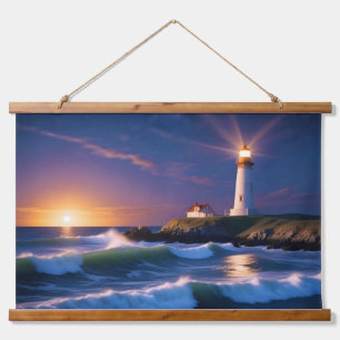 Tapiz Con Marco De Madera Paisaje de faro Olas oceánicas costeras Sunset