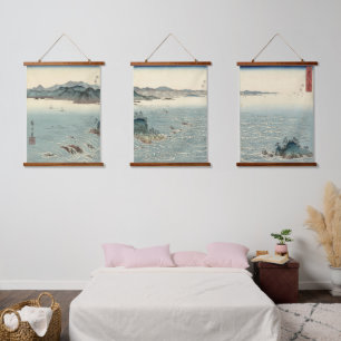 Tapiz Con Marco De Madera Paisaje de los remolques japoneses Triptych ukiyo