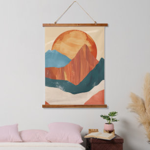 Tapiz Con Marco De Madera Paisaje de montaña abstracto boho con sol