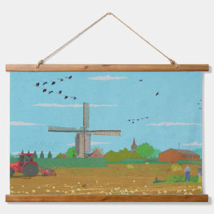 Tapiz Con Marco De Madera Paisaje del campo del molino de viento holandés