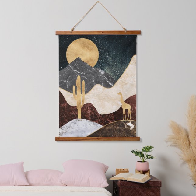 Tapiz Con Marco De Madera Paisaje del Desierto Golden Giraffe y Montaña de M (Dormitorio)